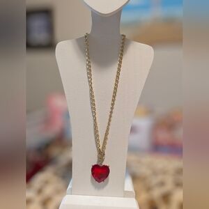 Gold toggle Necklace with oversized Red Heart Pendant with rhinestone details
